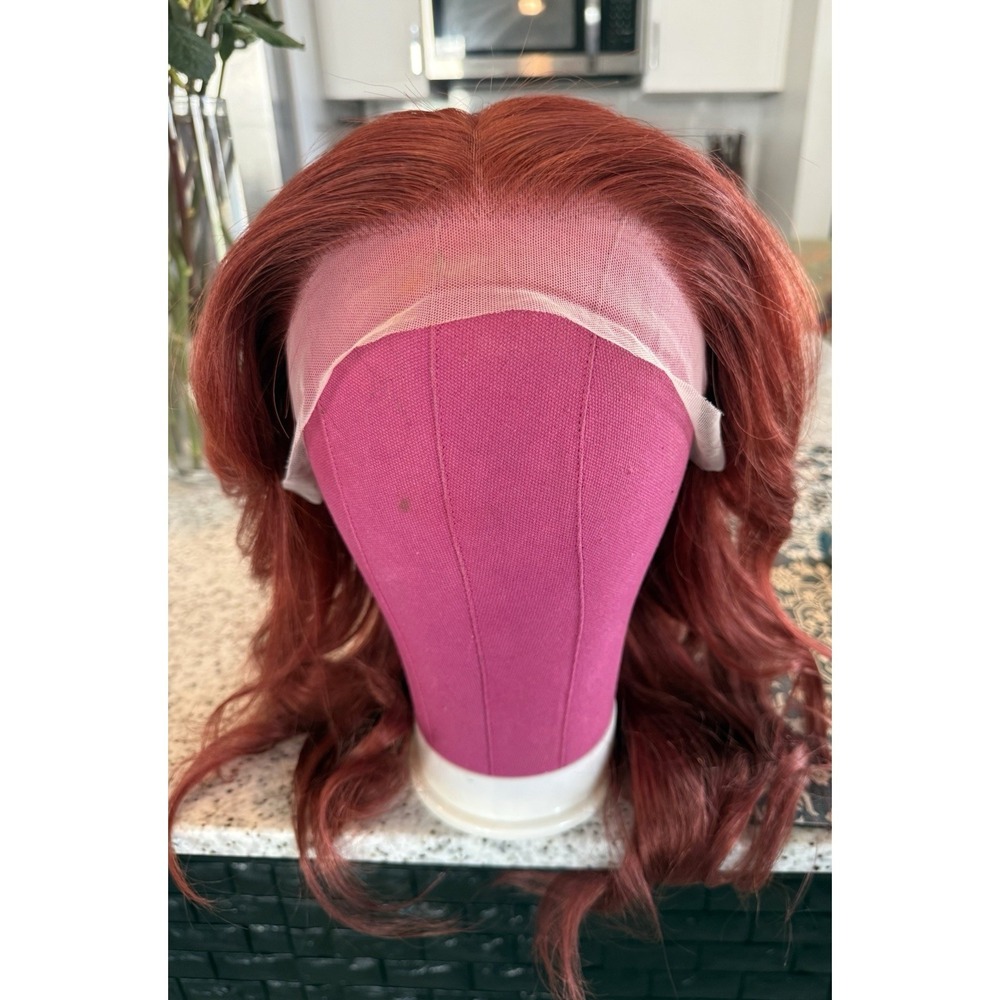100% Human Hair Lace Front Wig Auburn Brown Red 14 Inch Wavy Straight Free Part